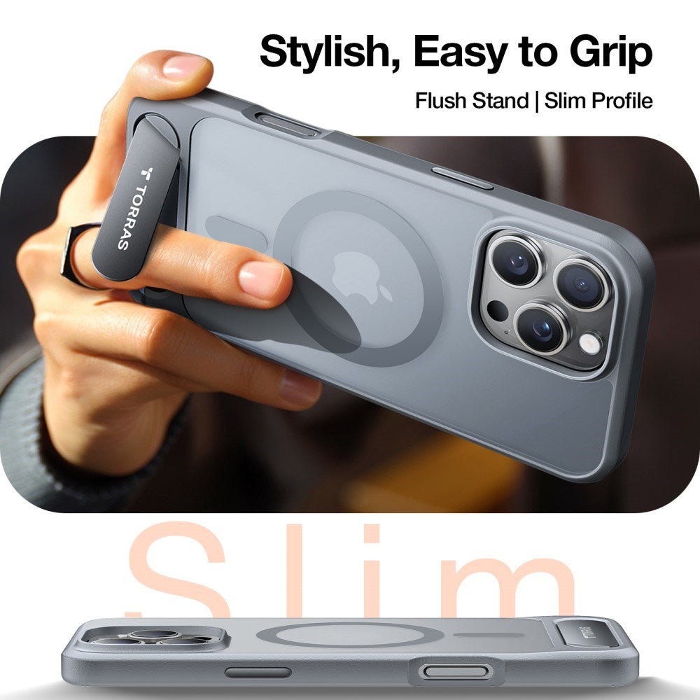 TORRAS iPhone 16 Pro Hybrid Skal m. Ställfunktion - MagSafe Kompatibel - Grå