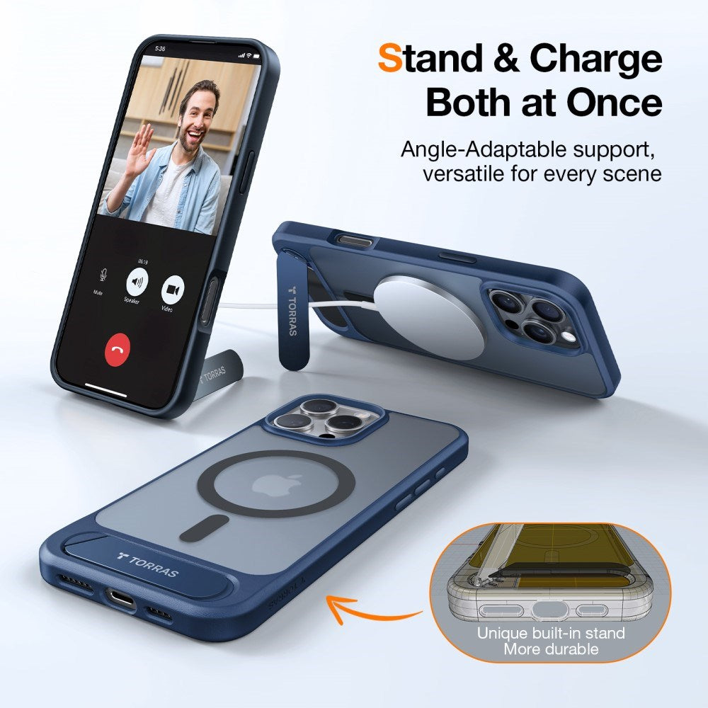TORRAS iPhone 16 Pro Hybrid Skal m. Ställfunktion - MagSafe Kompatibel - Blå