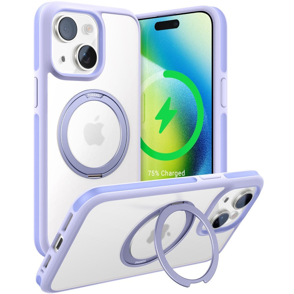 TORRAS iPhone 15 Hybrid Plast Skal m. Roterbar Kickstand Ring - MagSafe Kompatibel - Transparent / Lila