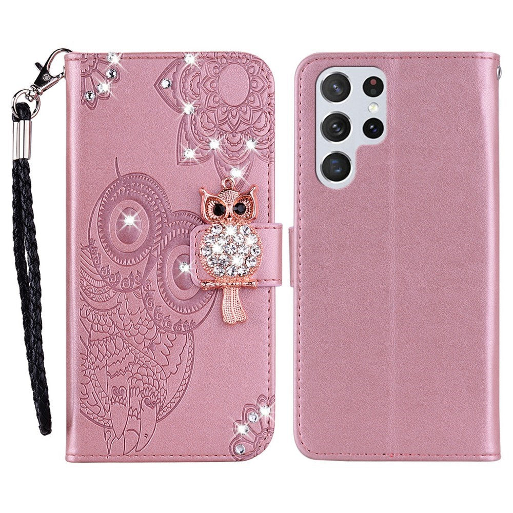EIDERWOOD Samsung Galaxy S25 Ultra Konstläder Flip Fodral m. Ugglemotiv - Rosa