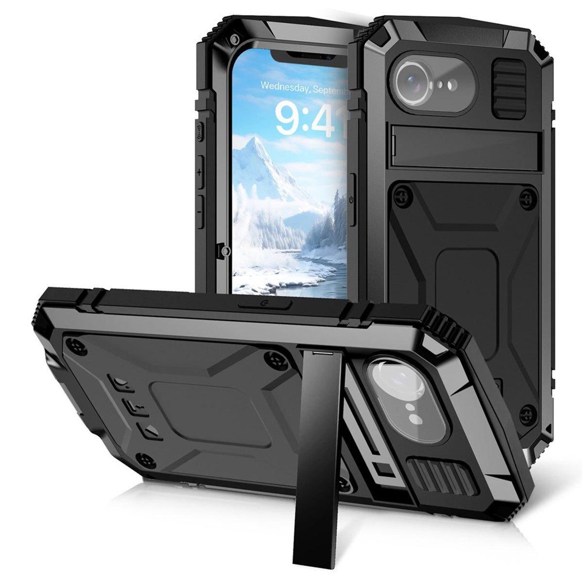 iPhone 17e / 16e R-JUST Hybrid Robust Skal m. Inbyggt Skärmskydd & Kickstand - Svart