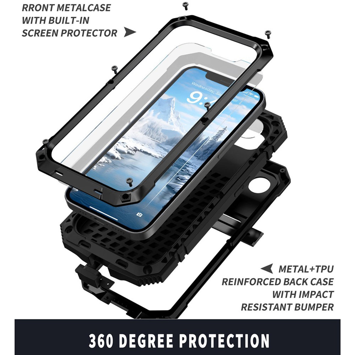 iPhone 17e / 16e R-JUST Hybrid Robust Skal m. Inbyggt Skärmskydd & Kickstand - Svart