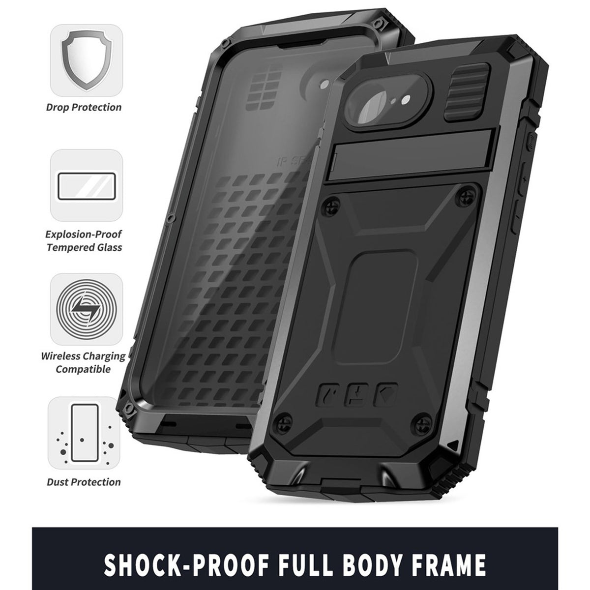 iPhone 17e / 16e R-JUST Hybrid Robust Skal m. Inbyggt Skärmskydd & Kickstand - Svart