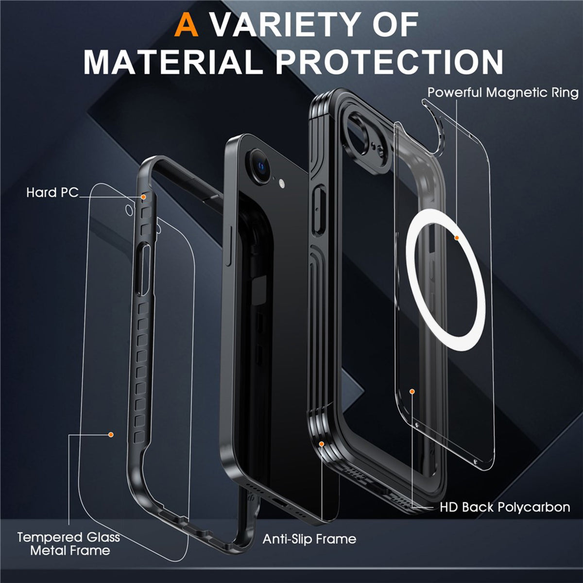 iPhone 17e / 16e Hybrid Plast Skal m. Inbyggt Skärmskydd - MagSafe Kompatibel - Transparent / Svart