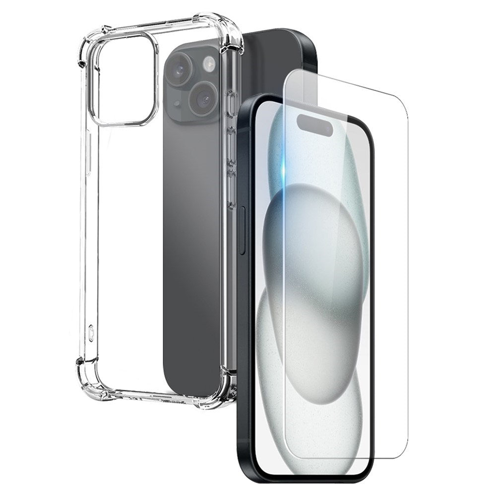 NORTHJO iPhone 15 2-i-1 Skyddspaket med Stötabsorberande Flexibelt Plast Skal & Härdat Skärmskyddsglas - Genomskinlig