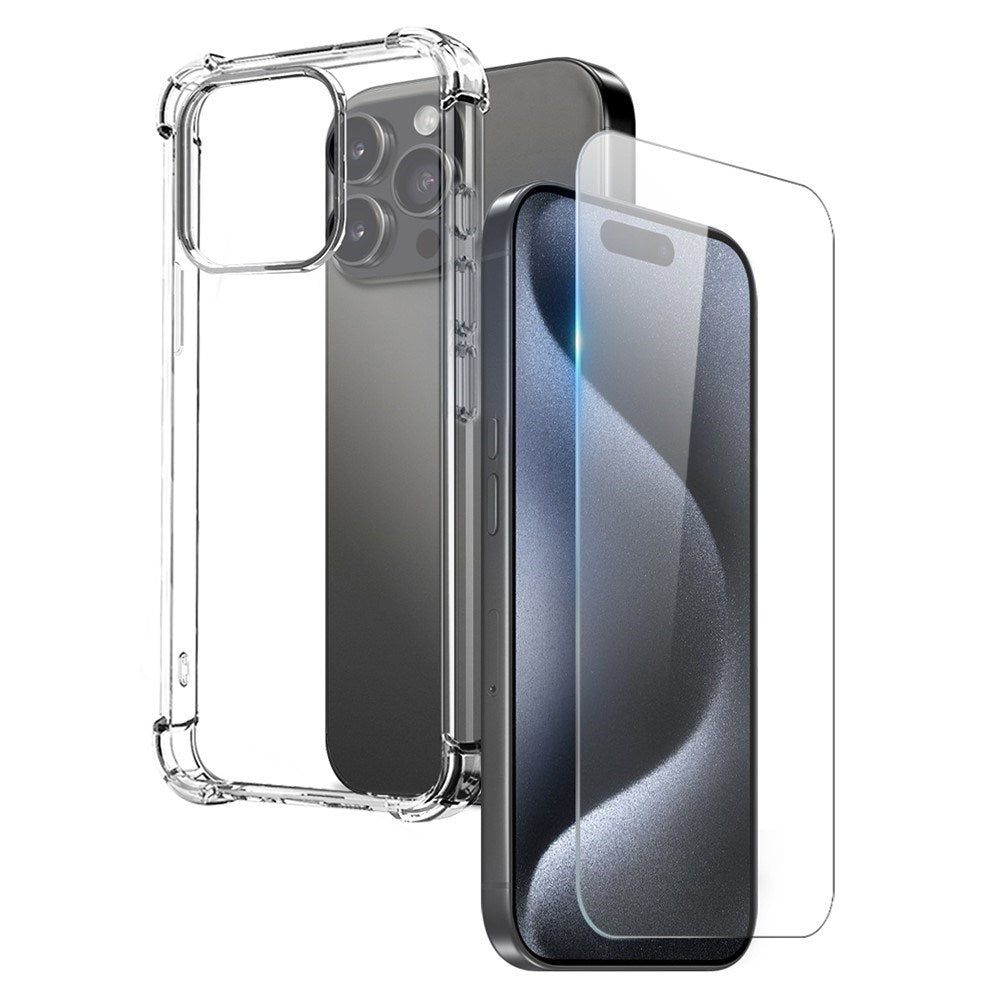NORTHJO iPhone 15 Pro 2-i-1 Skyddspaket med Stötabsorberande Flexibelt Plast Skal & Härdat Skärmskyddsglas - Genomskinlig