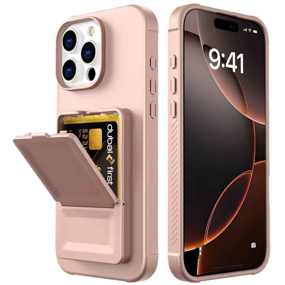 EIDERWOOD iPhone 16 Pro Max Flexibelt Plast Skal med Korthållare & Inbyggd Spegel – Rose Gold