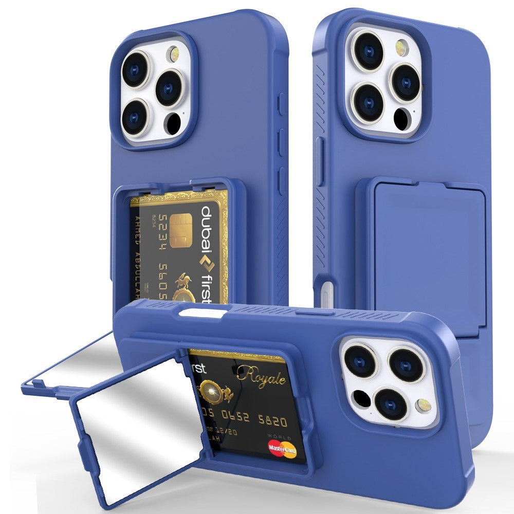 EIDERWOOD iPhone 16 Pro Max Flexibelt Plast Skal med Korthållare & Inbyggd Spegel – Blå