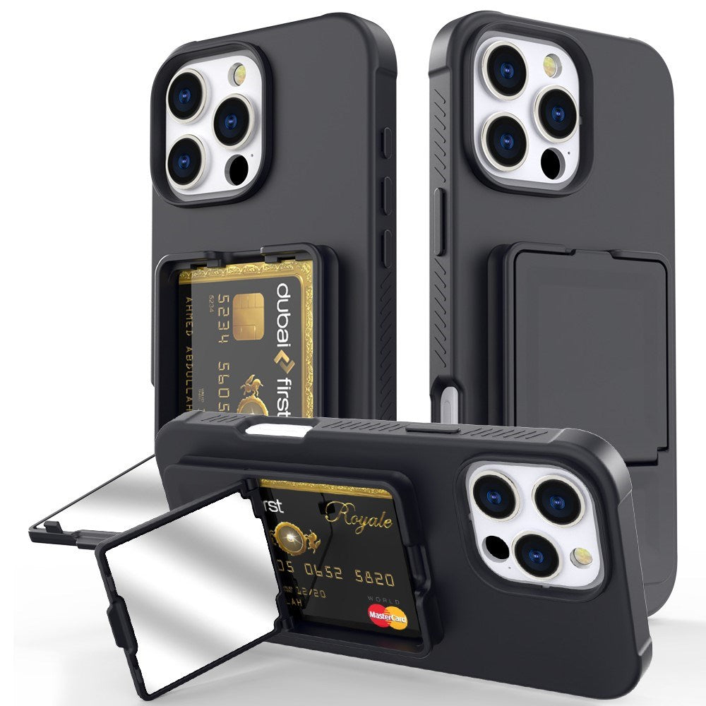 EIDERWOOD iPhone 16 Pro Max Flexibelt Plast Skal med Korthållare & Inbyggd Spegel – Svart