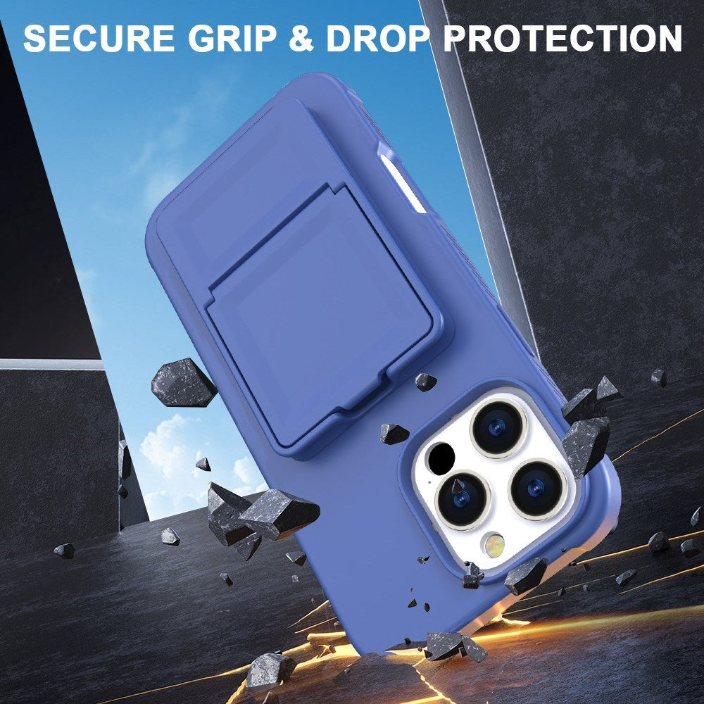 EIDERWOOD iPhone 16 Pro Flexibelt Plast Skal med Korthållare & Inbyggd Spegel – Blå