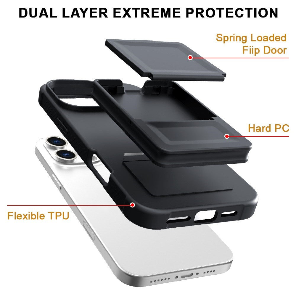 EIDERWOOD iPhone 16 Pro Flexibelt Plast Skal med Korthållare & Inbyggd Spegel – Svart