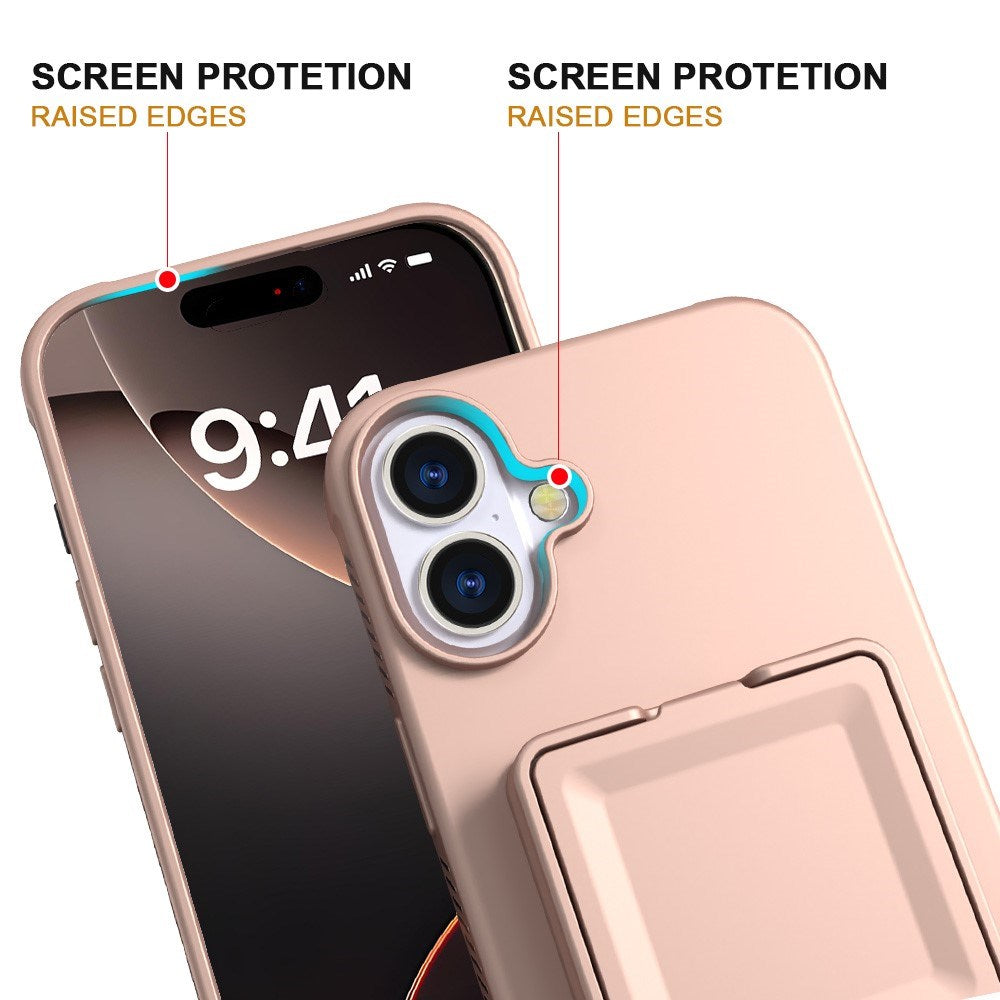 EIDERWOOD iPhone 16 Plus Flexibelt Plast Skal med Korthållare & Inbyggd Spegel – Rose Gold