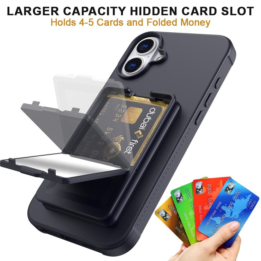 EIDERWOOD iPhone 16 Plus Flexibelt Plast Skal med Korthållare & Inbyggd Spegel – Svart