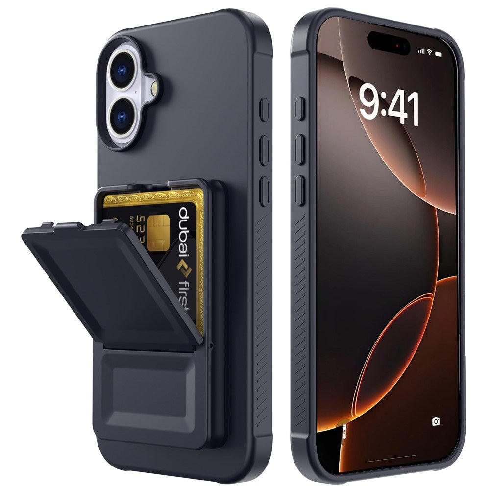 EIDERWOOD iPhone 16 Flexibelt Plast Skal med Korthållare & Inbyggd Spegel – Svart