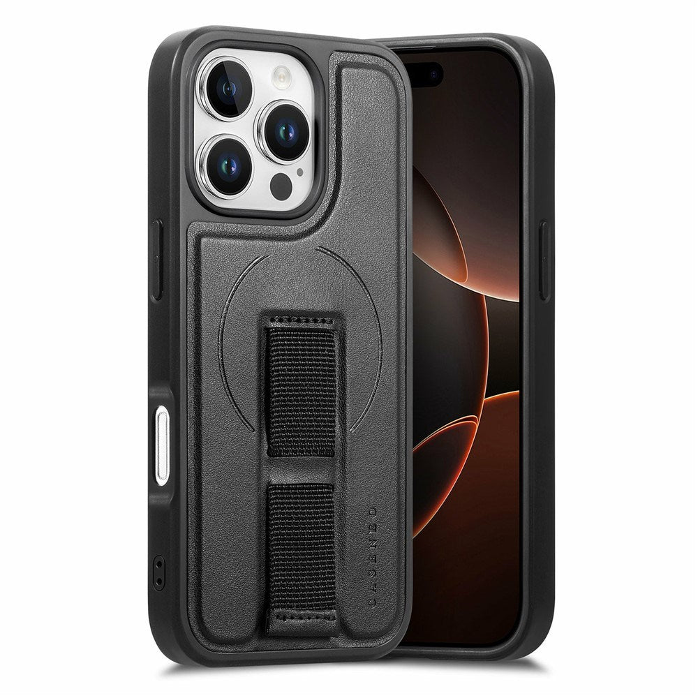 iPhone 16 Pro Hård Plast Skal m. Konstläder Baksida & Fingerrem - MagSafe Kompatibel - Svart