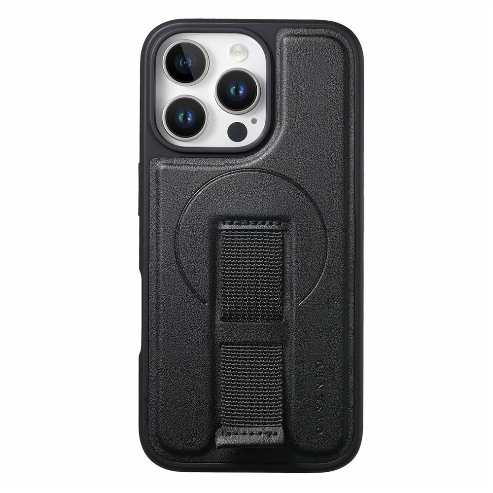 iPhone 16 Pro Hård Plast Skal m. Konstläder Baksida & Fingerrem - MagSafe Kompatibel - Svart