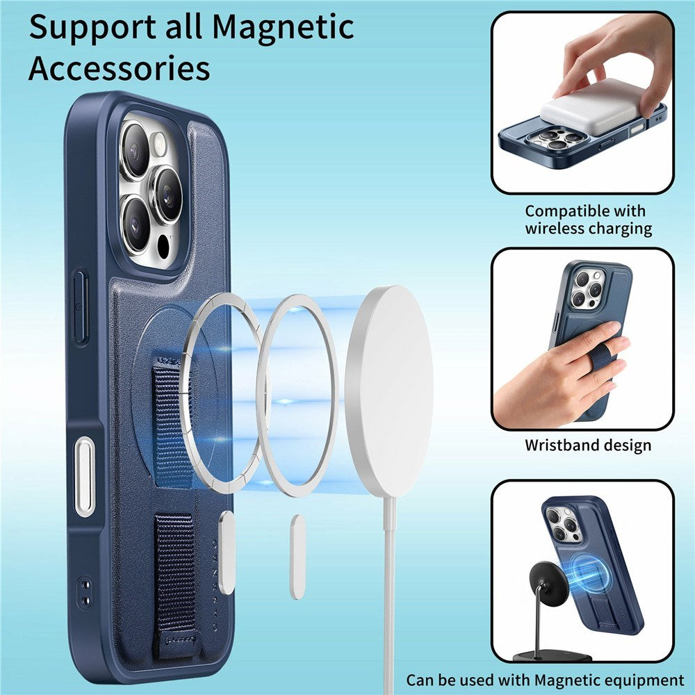 iPhone 16 Pro Hård Plast Skal m. Konstläder Baksida & Fingerrem - MagSafe Kompatibel - Blå