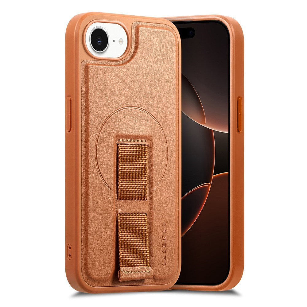 iPhone 16e Hård Plast Skal m. Konstläder Baksida & Fingerrem - MagSafe Kompatibel - Brun