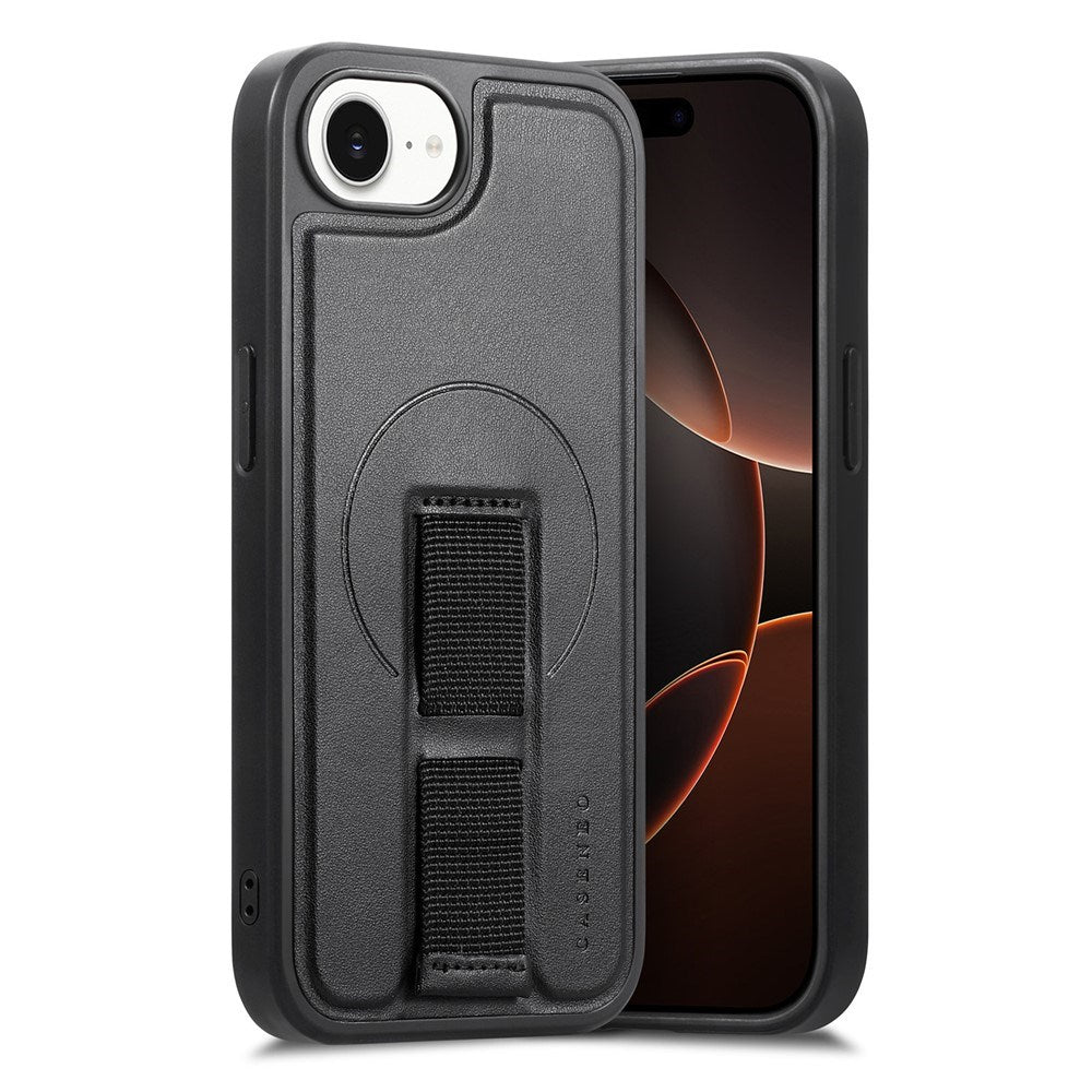 iPhone 16e Hård Plast Skal m. Konstläder Baksida & Fingerrem - MagSafe Kompatibel - Svart