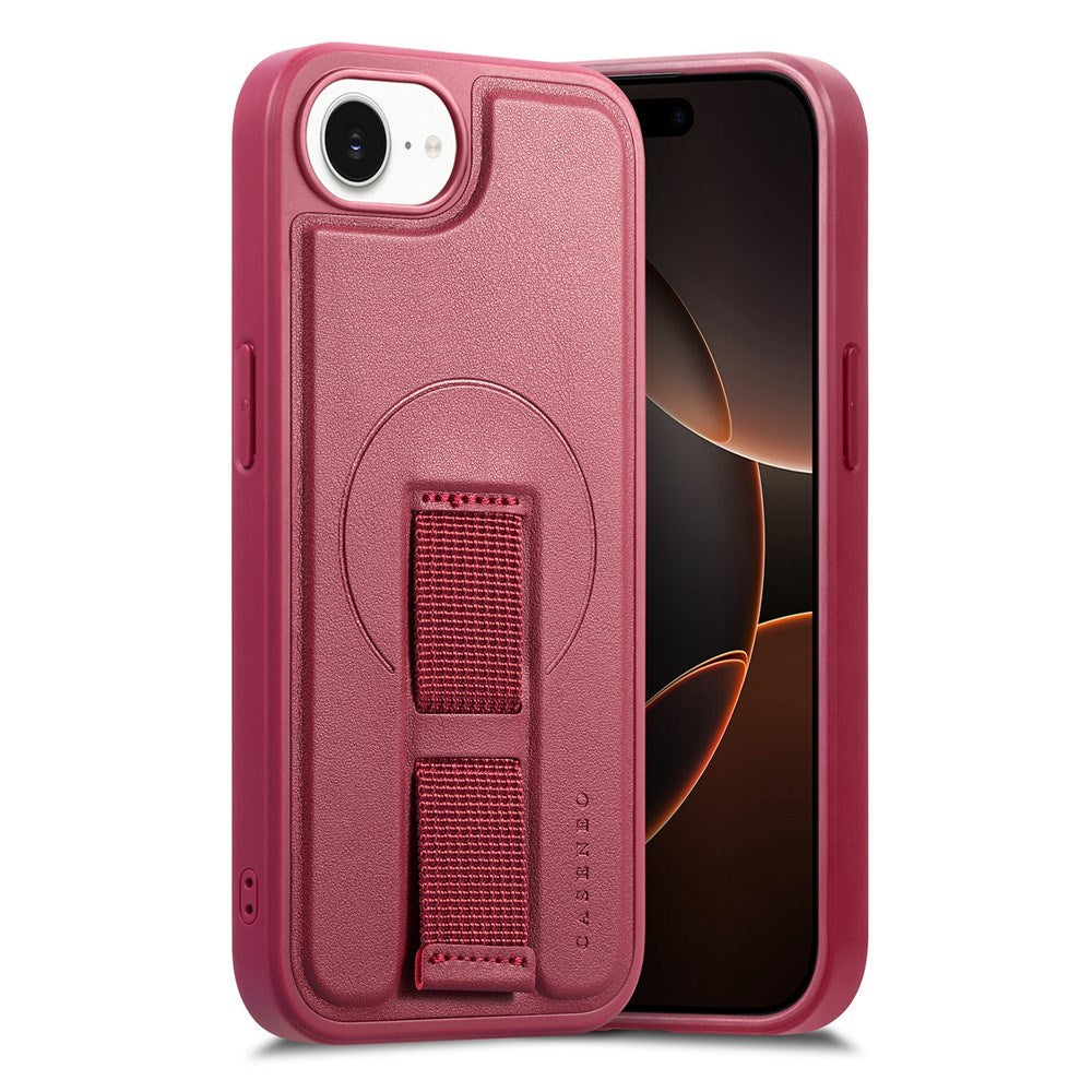 iPhone 16e Hård Plast Skal m. Konstläder Baksida & Fingerrem - MagSafe Kompatibel - Röd