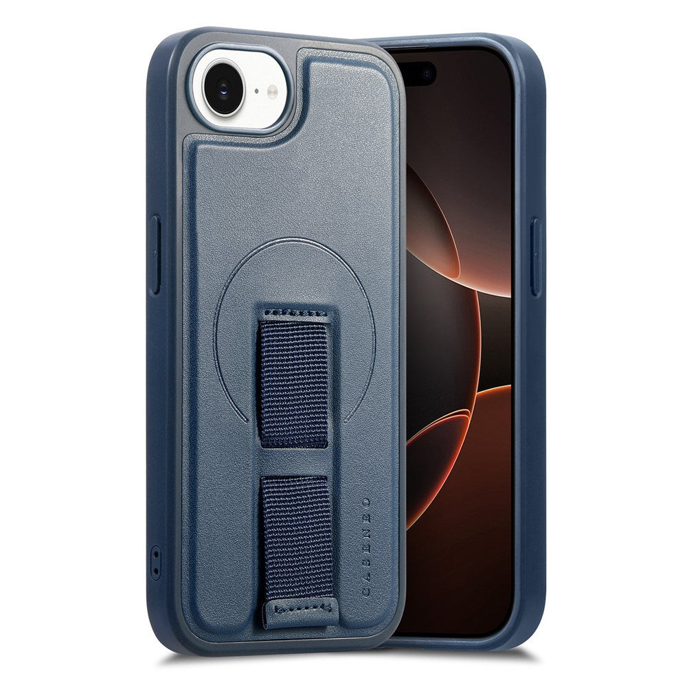 iPhone 16e Hård Plast Skal m. Konstläder Baksida & Fingerrem - MagSafe Kompatibel - Blå
