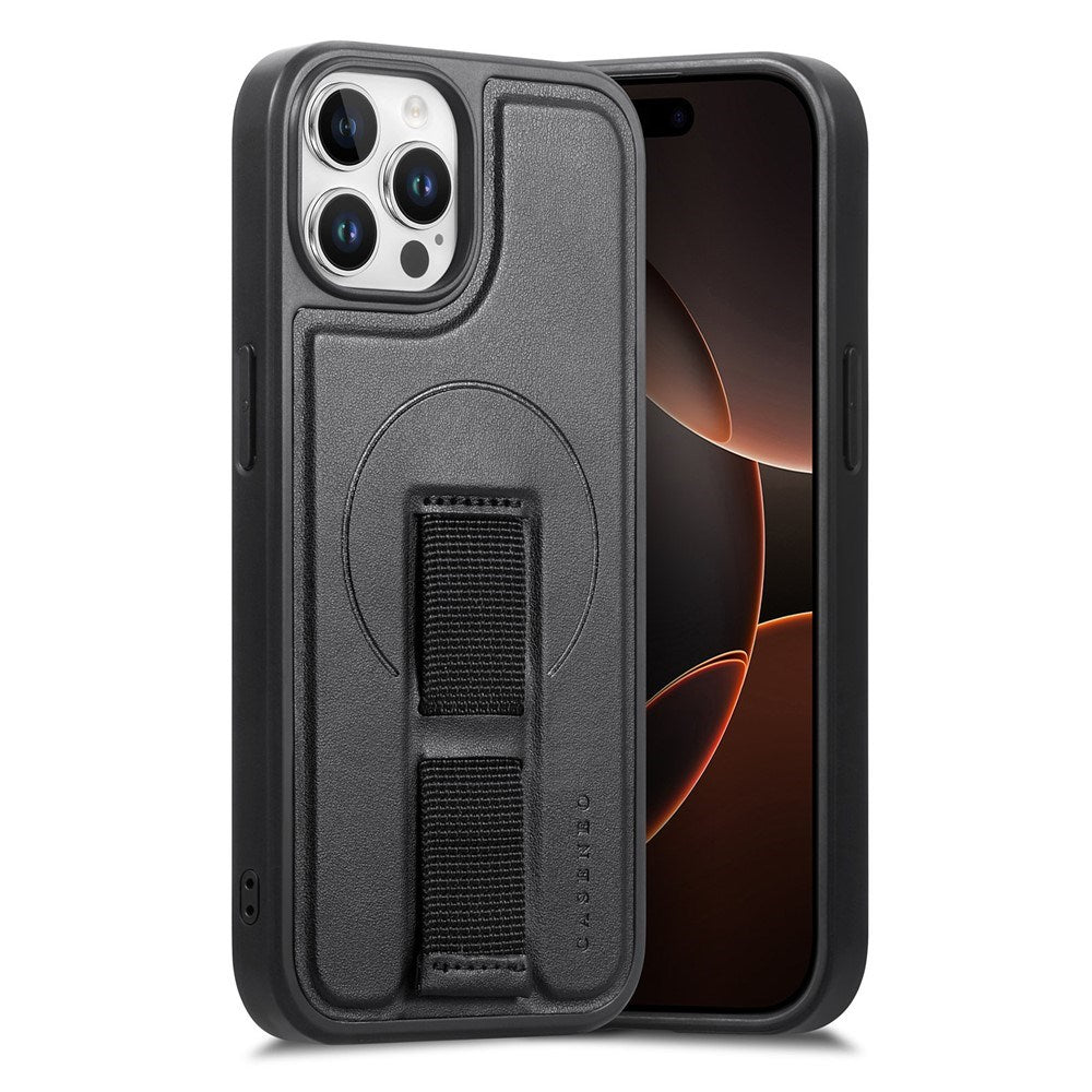 iPhone 12 / 12 Pro Hård Plast Skal m. Konstläder Baksida & Fingerrem - MagSafe Kompatibel - Svart