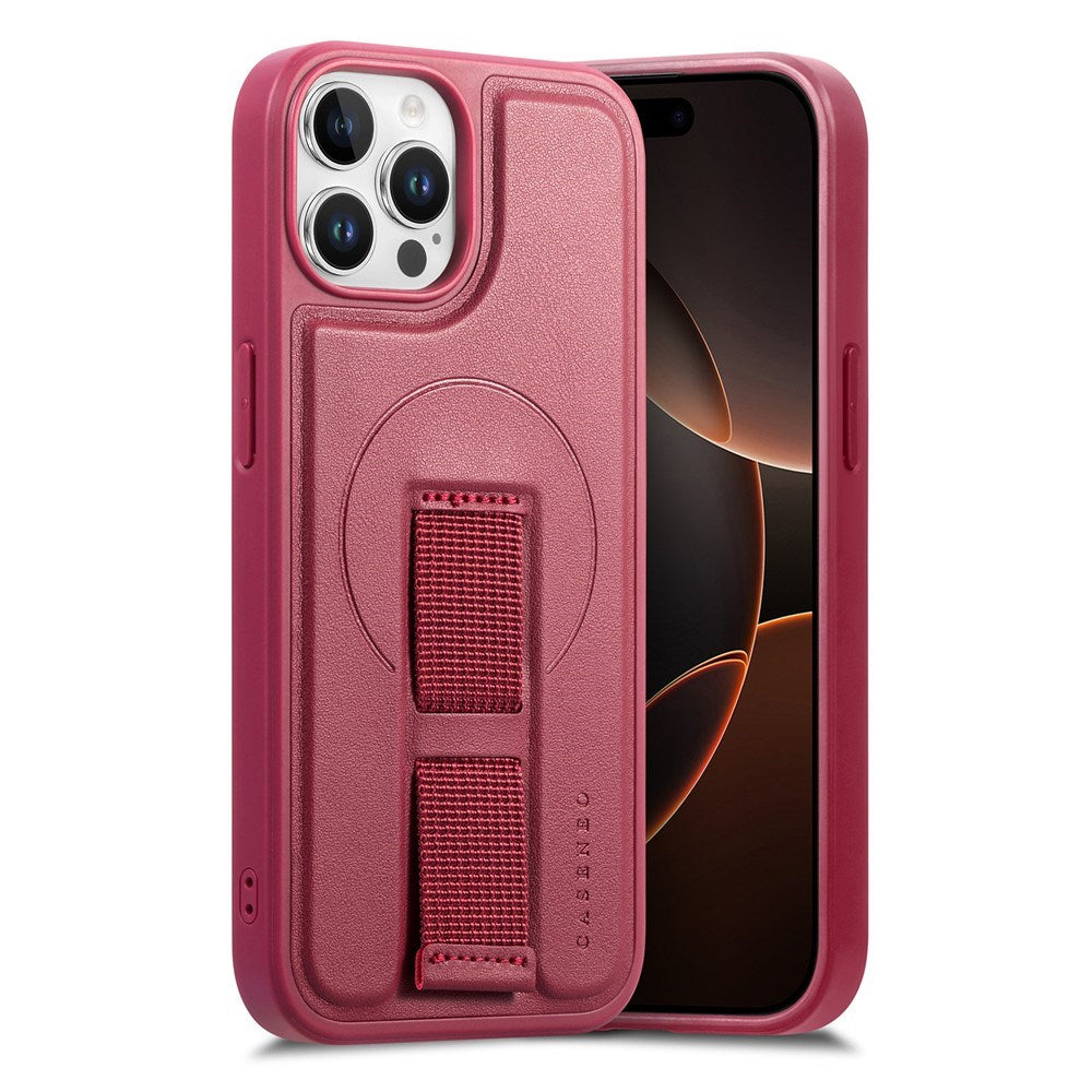 iPhone 12 / 12 Pro Hård Plast Skal m. Konstläder Baksida & Fingerrem - MagSafe Kompatibel - Röd