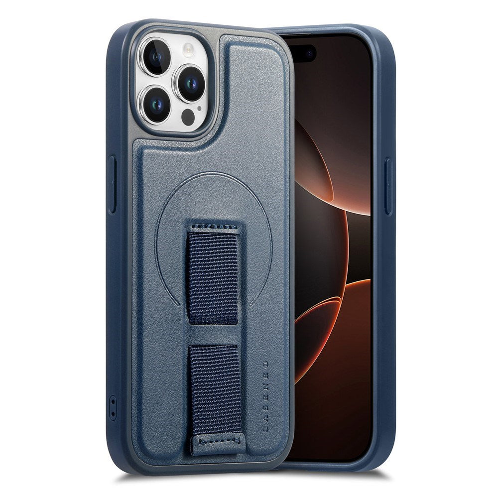 iPhone 12 / 12 Pro Hård Plast Skal m. Konstläder Baksida & Fingerrem - MagSafe Kompatibel - Blå