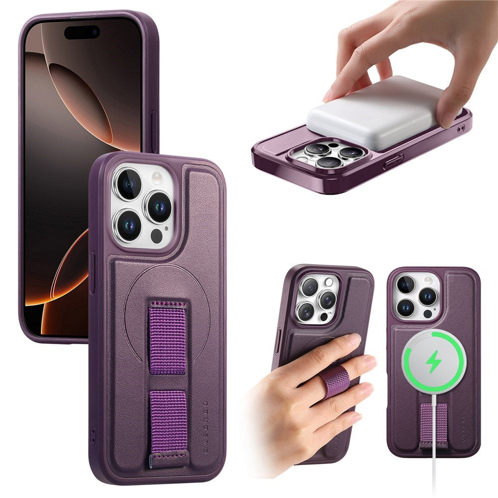 iPhone 14 Pro Hård Plast Skal m. Konstläder Baksida & Fingerrem - MagSafe Kompatibel - Lila