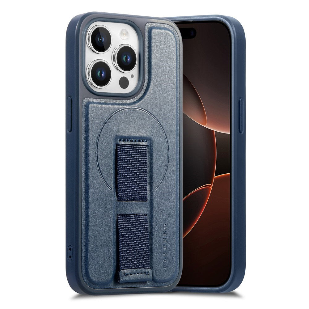 iPhone 14 Pro Hård Plast Skal m. Konstläder Baksida & Fingerrem - MagSafe Kompatibel - Blå