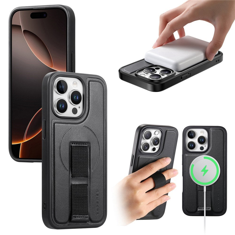 iPhone 15 Pro Hård Plast Skal m. Konstläder Baksida & Fingerrem - MagSafe Kompatibel - Svart