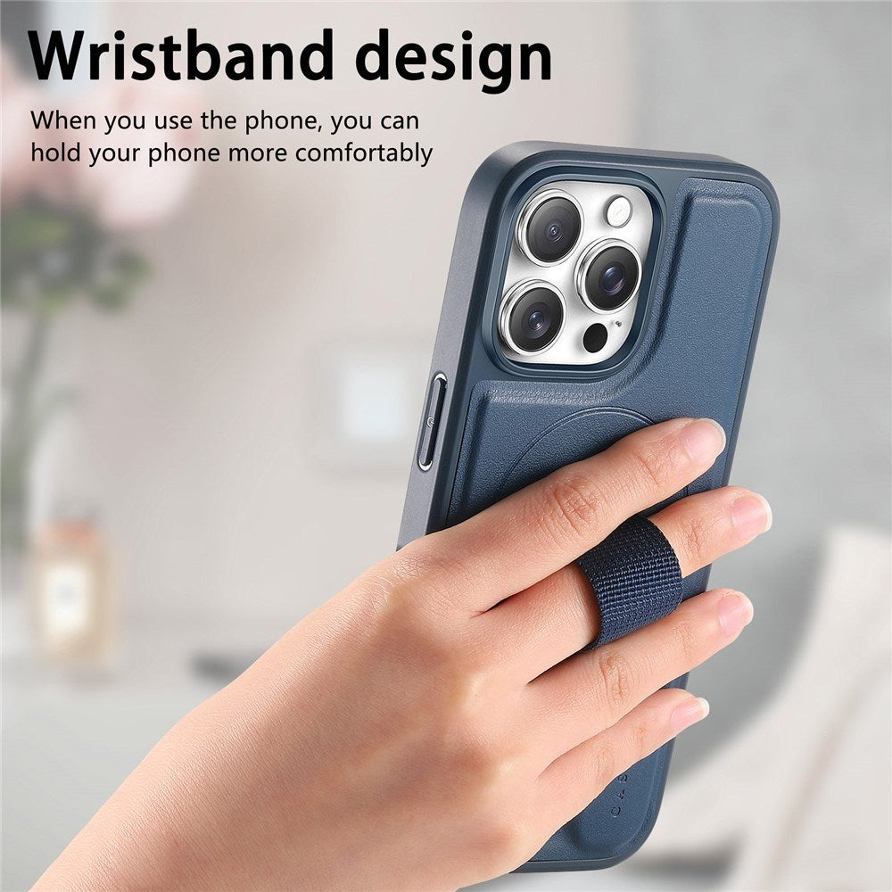 iPhone 15 Pro Hård Plast Skal m. Konstläder Baksida & Fingerrem - MagSafe Kompatibel - Blå