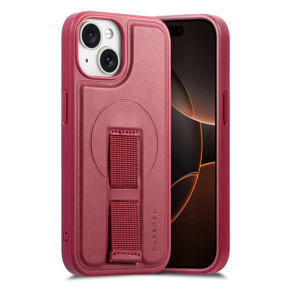 iPhone 15 Hård Plast Skal m. Konstläder Baksida & Fingerrem - MagSafe Kompatibel - Röd