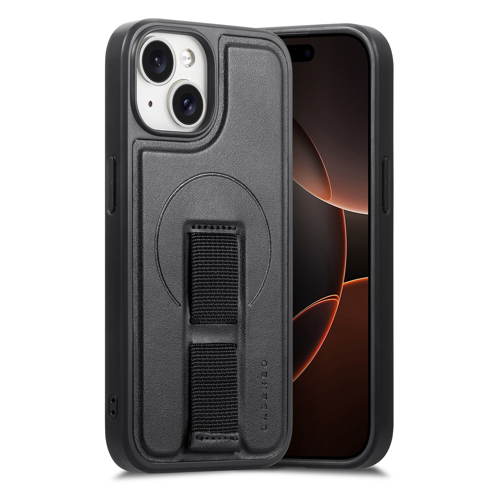 iPhone 14 / 13 Hård Plast Skal m. Konstläder Baksida & Fingerrem - MagSafe Kompatibel - Svart