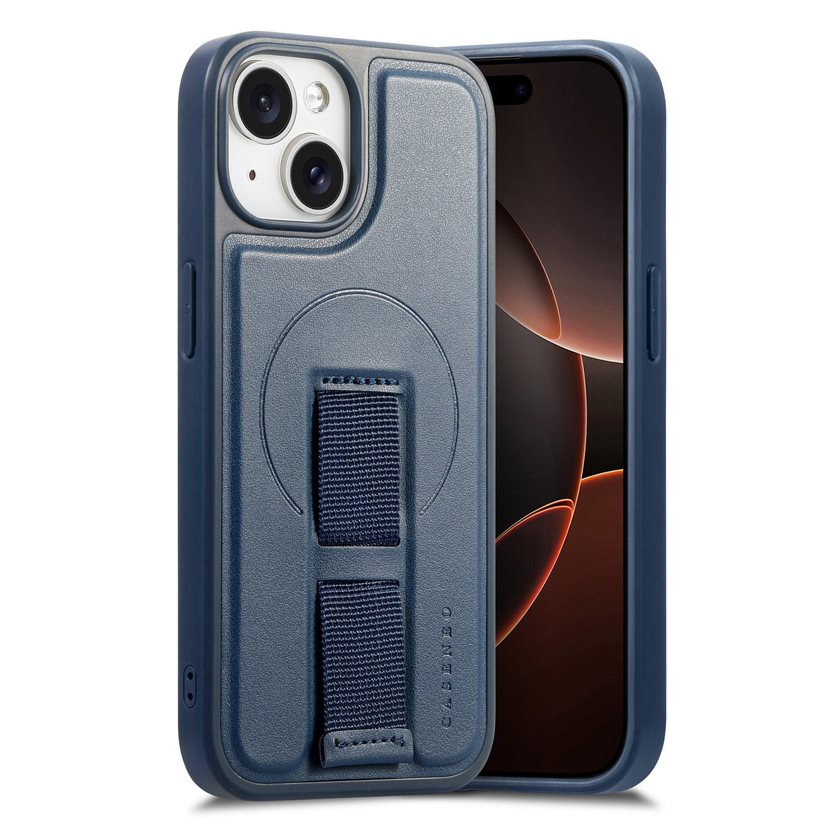 iPhone 14 / 13 Hård Plast Skal m. Konstläder Baksida & Fingerrem - MagSafe Kompatibel - Blå