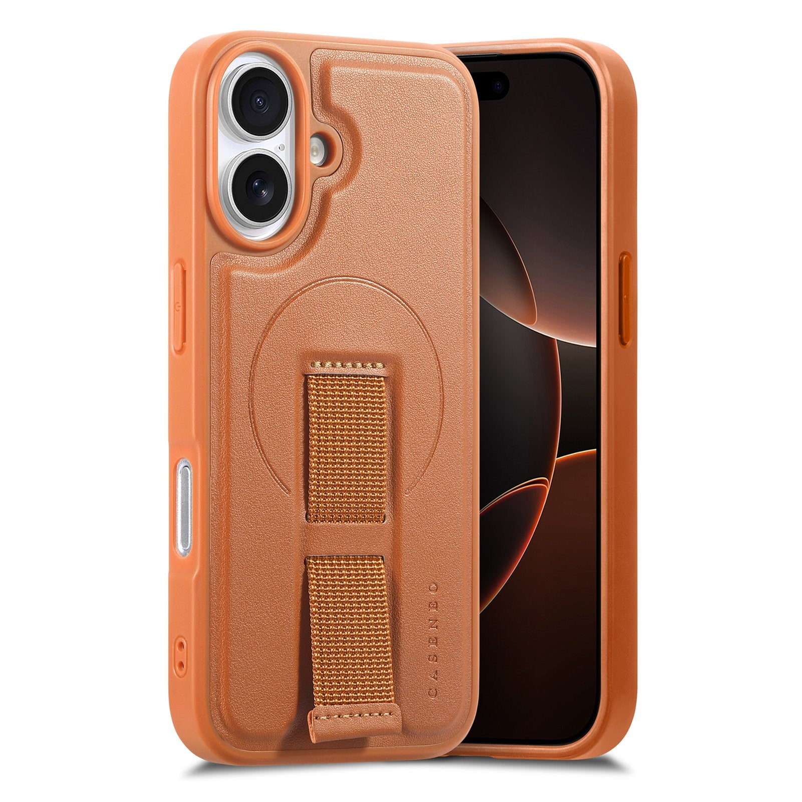 iPhone 16 Hård Plast Skal m. Konstläder Baksida & Fingerrem - MagSafe Kompatibel - Brun