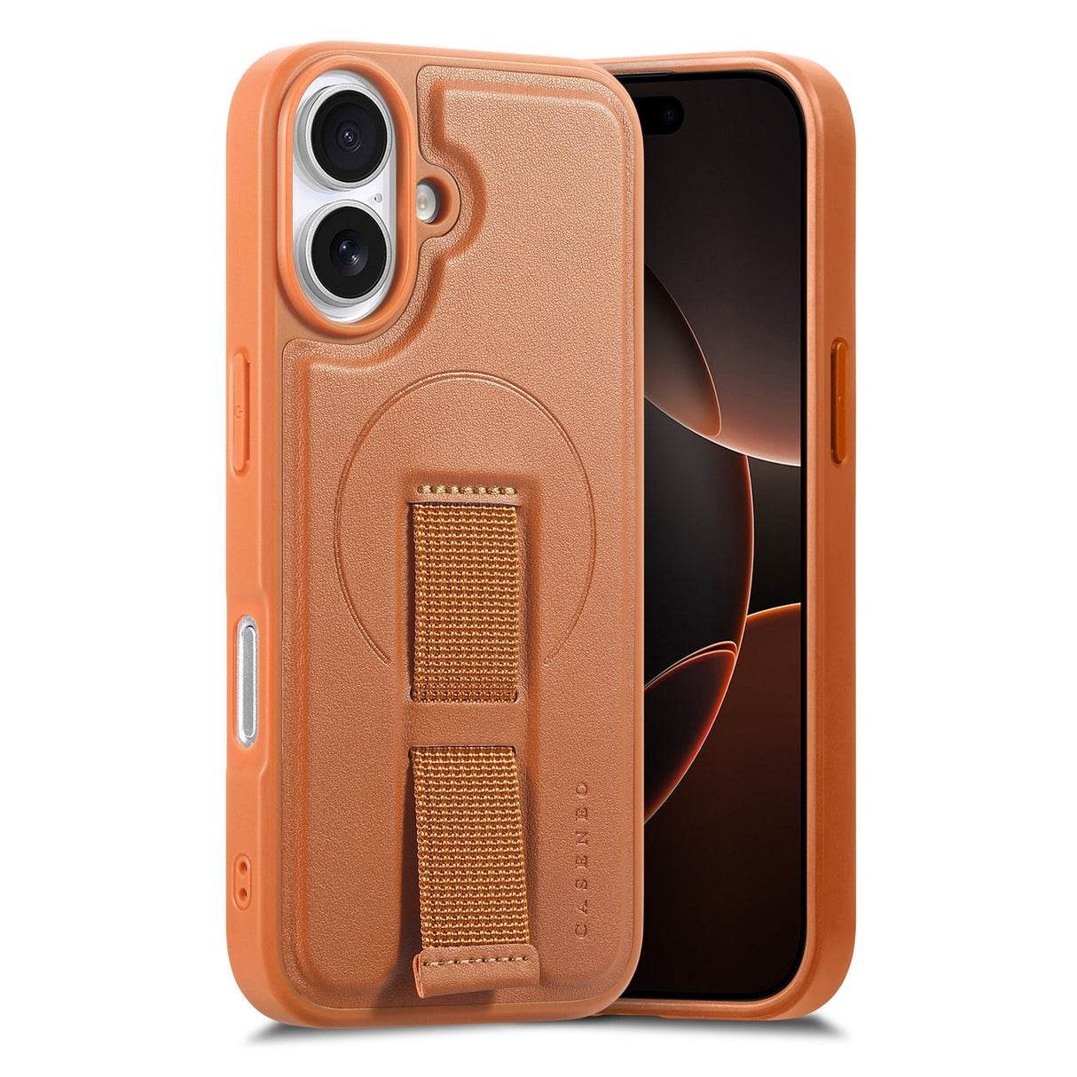 iPhone 16 Hård Plast Skal m. Konstläder Baksida & Fingerrem - MagSafe Kompatibel - Brun