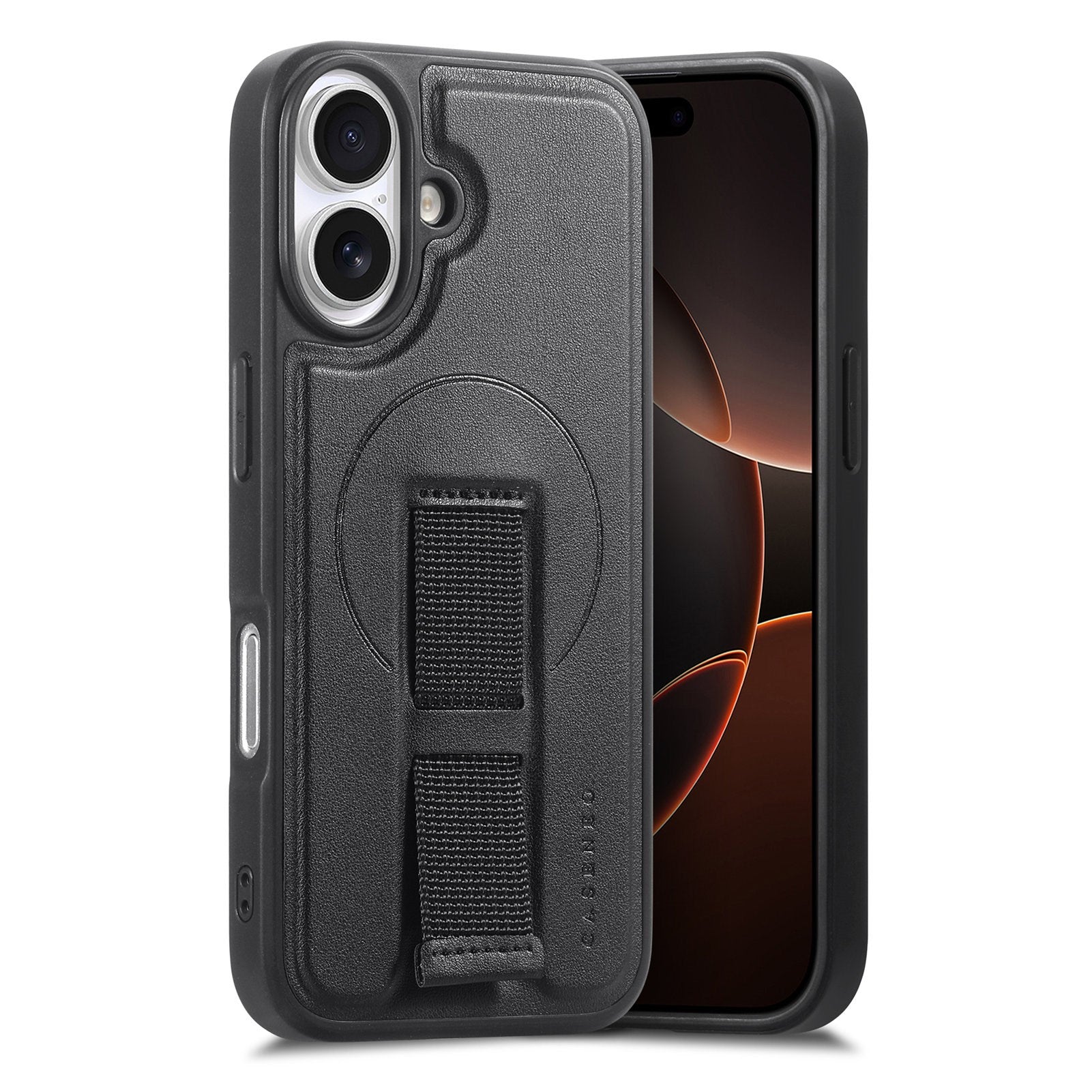 iPhone 16 Hård Plast Skal m. Konstläder Baksida & Fingerrem - MagSafe Kompatibel - Svart