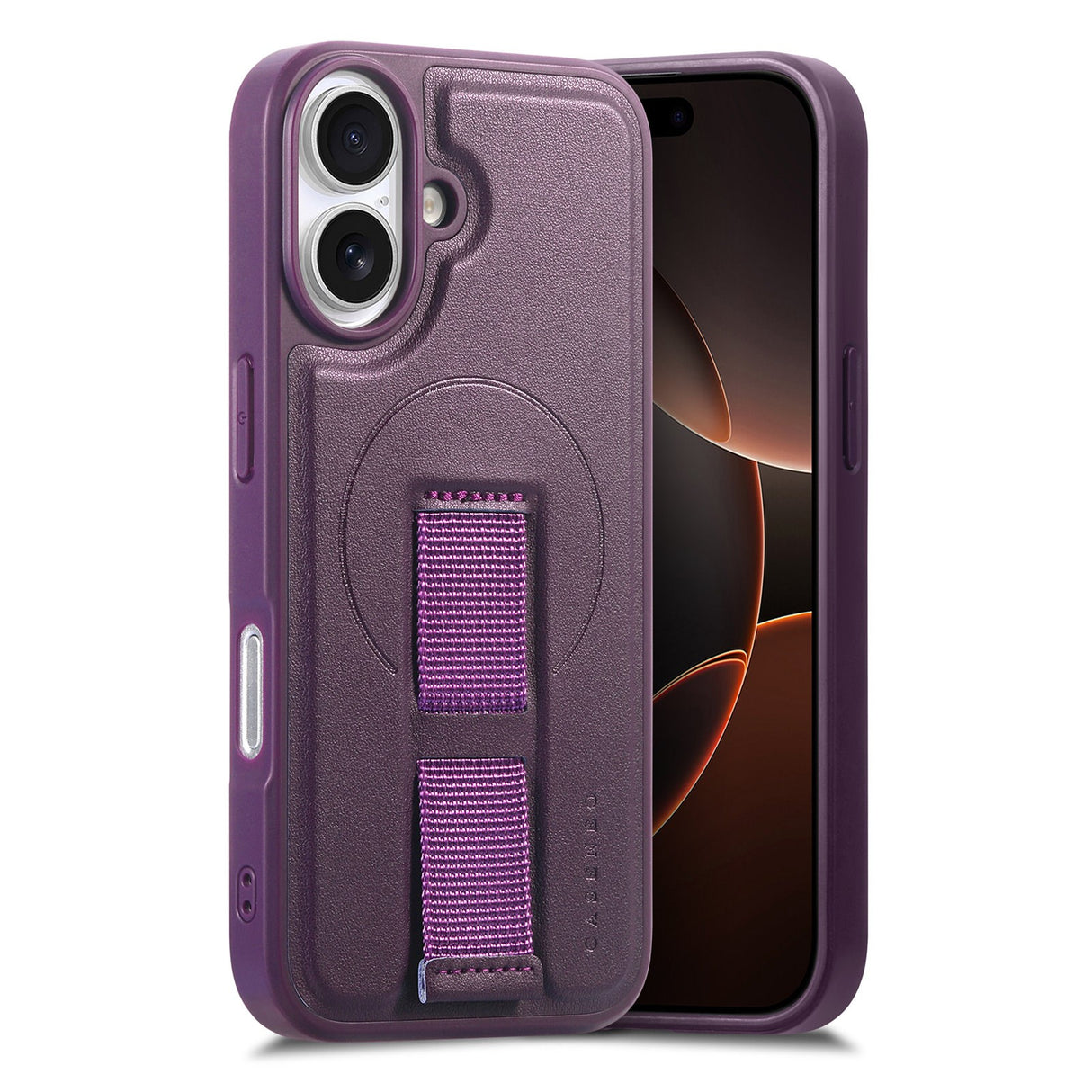 iPhone 16 Hård Plast Skal m. Konstläder Baksida & Fingerrem - MagSafe Kompatibel - Lila