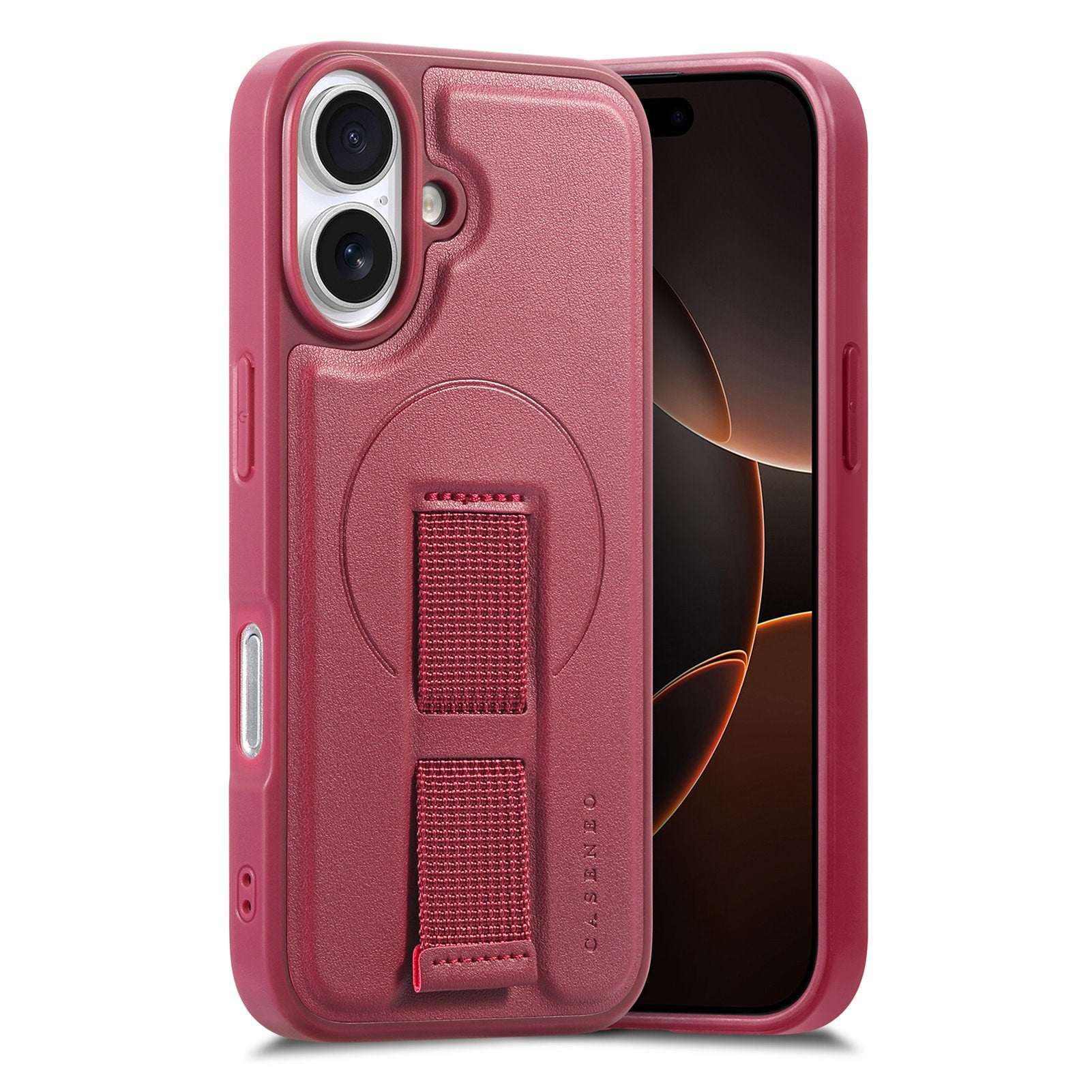 iPhone 16 Hård Plast Skal m. Konstläder Baksida & Fingerrem - MagSafe Kompatibel - Röd