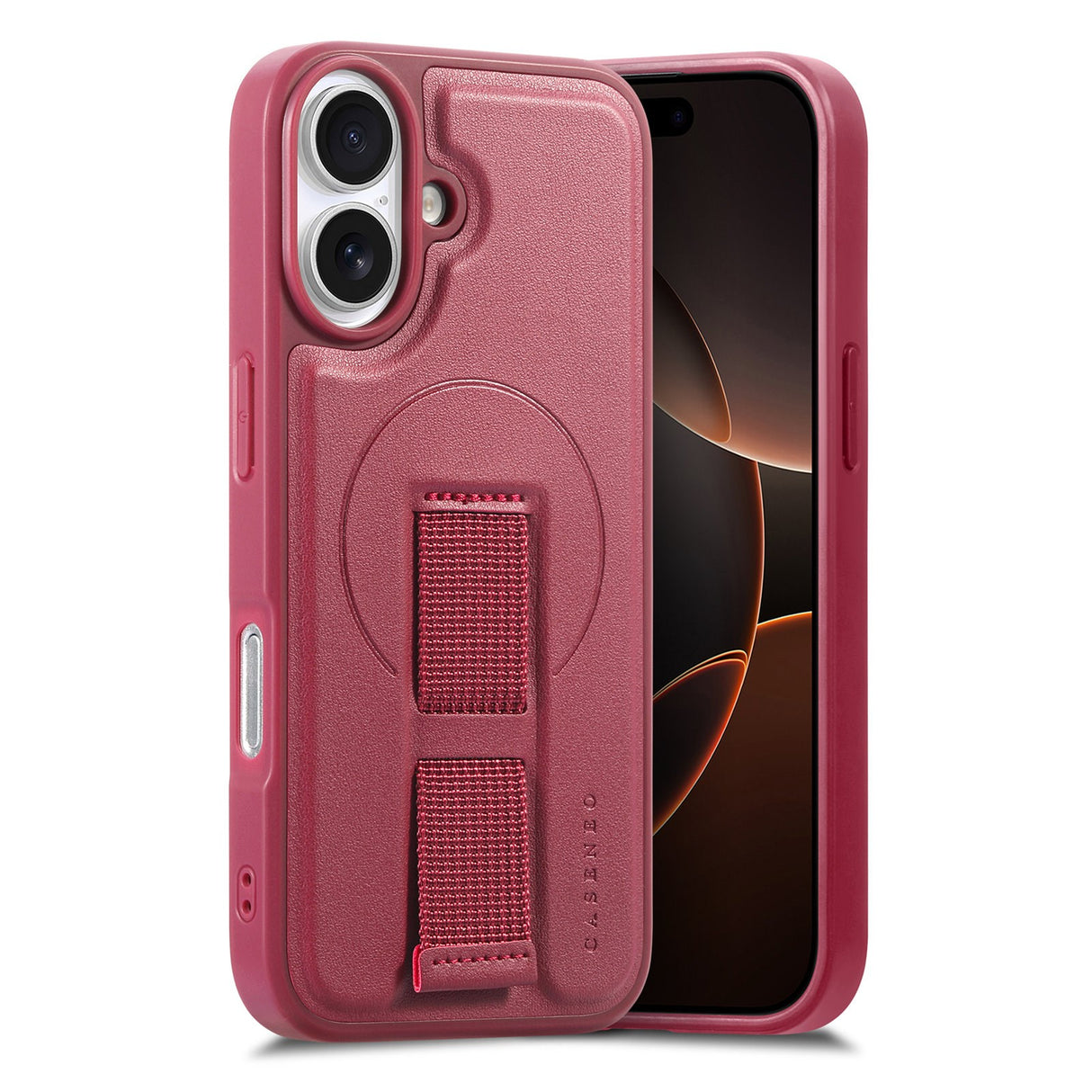 iPhone 16 Hård Plast Skal m. Konstläder Baksida & Fingerrem - MagSafe Kompatibel - Röd