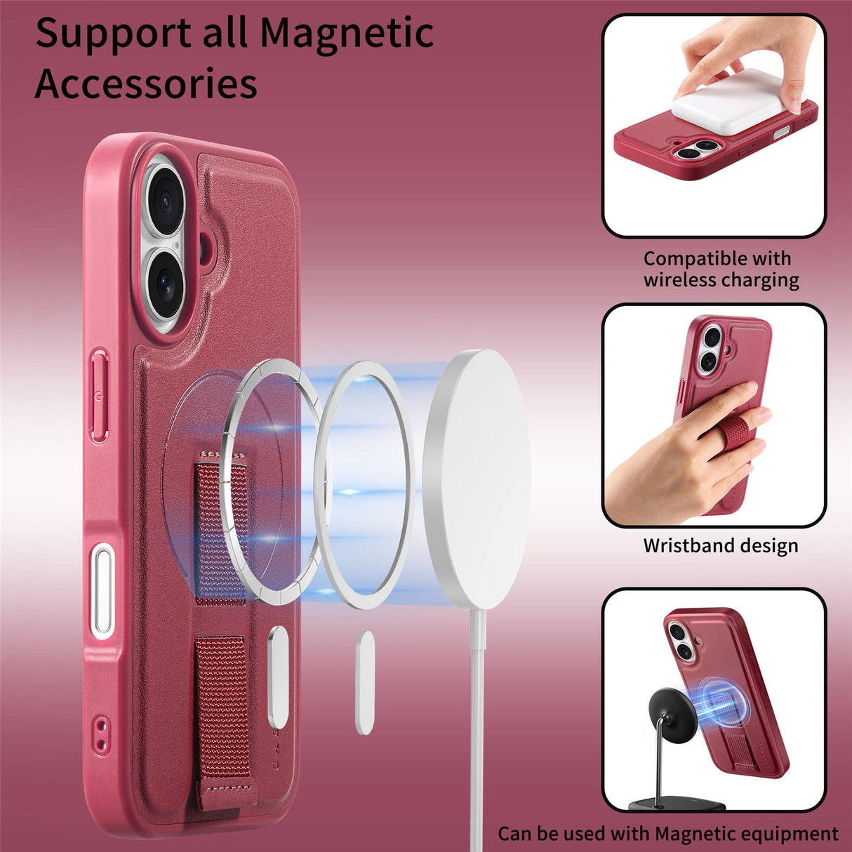 iPhone 16 Hård Plast Skal m. Konstläder Baksida & Fingerrem - MagSafe Kompatibel - Röd