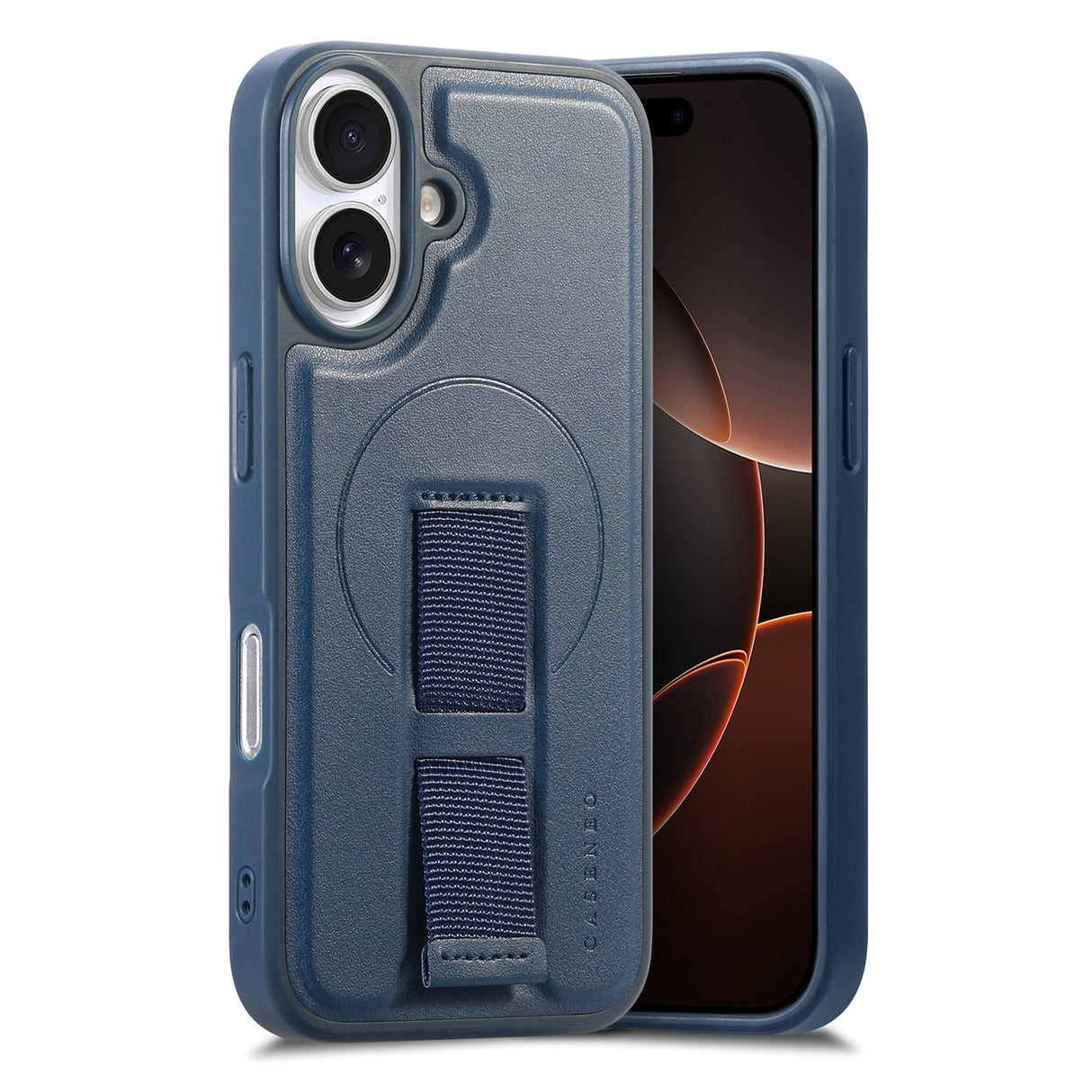 iPhone 16 Hård Plast Skal m. Konstläder Baksida & Fingerrem - MagSafe Kompatibel - Blå