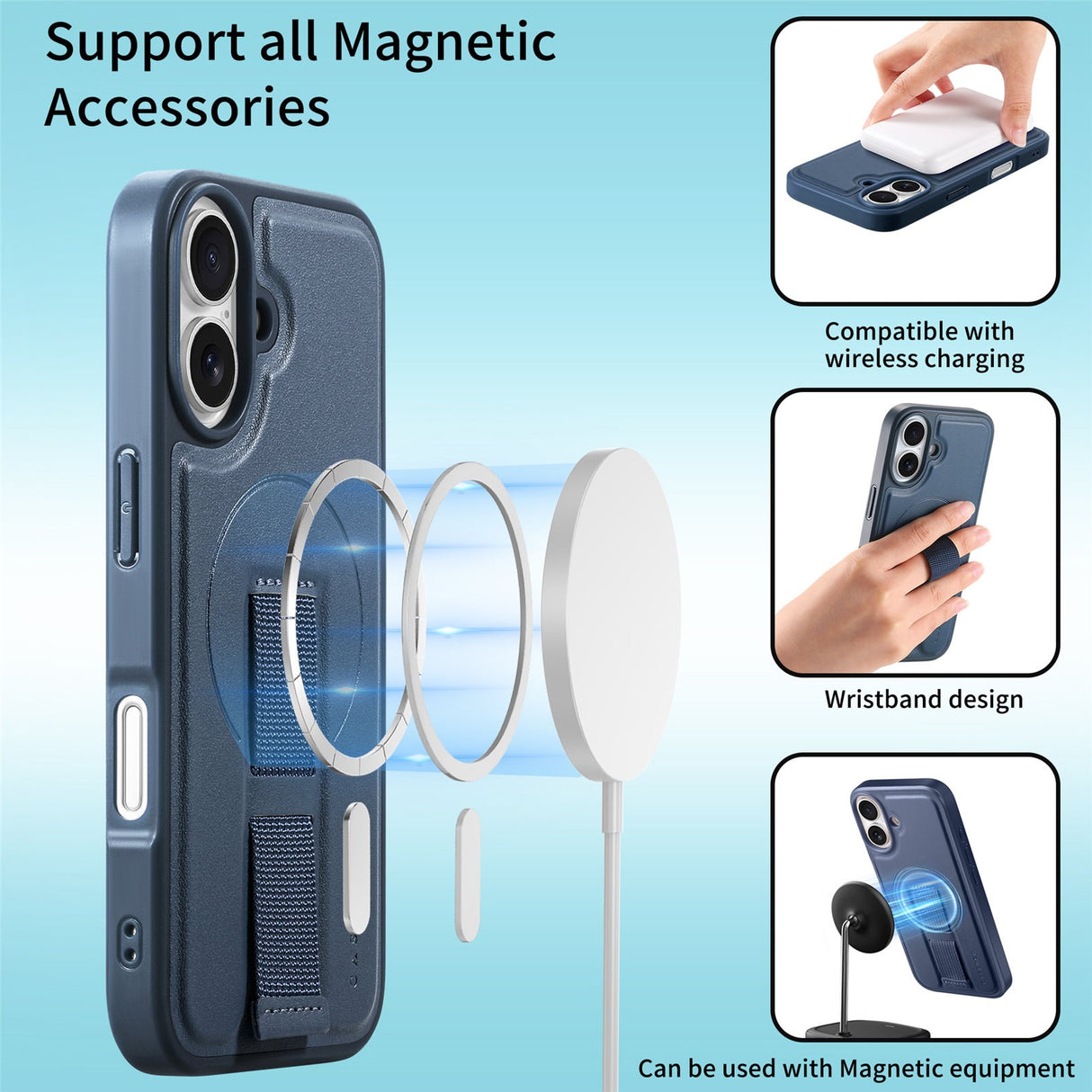 iPhone 16 Hård Plast Skal m. Konstläder Baksida & Fingerrem - MagSafe Kompatibel - Blå