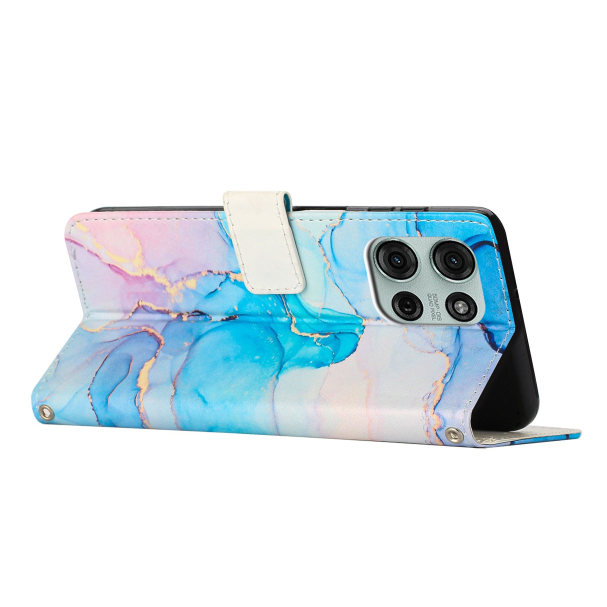 EIDERWOOD Motorola Moto G56 Marmormönstrat Konstläder Flip Fodral m. Rem - Rosa / Blå