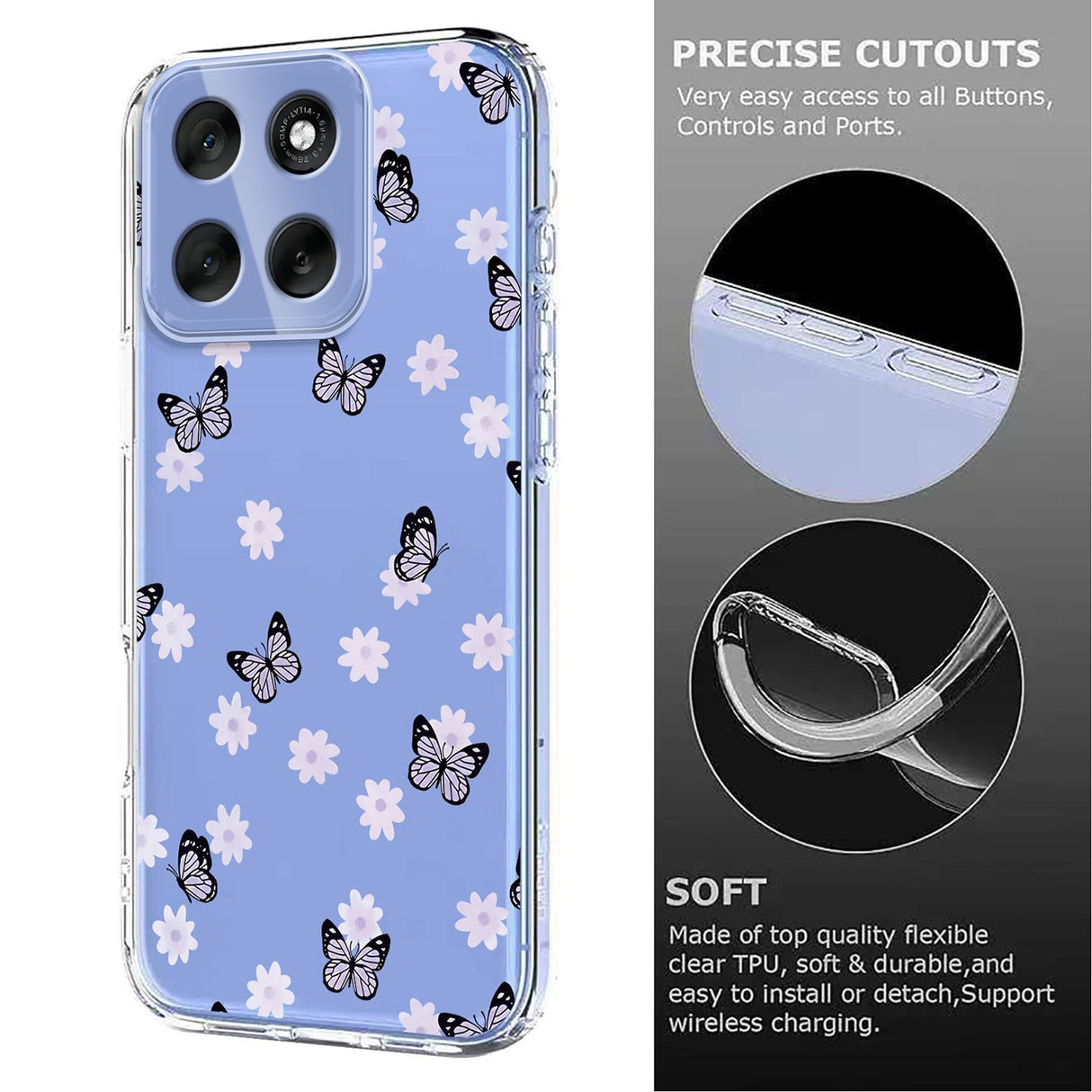 EIDERWOOD Motorola Moto G56 Flexibelt Plast Skal med Blommotiv - Genomskinlig / Fjärilar