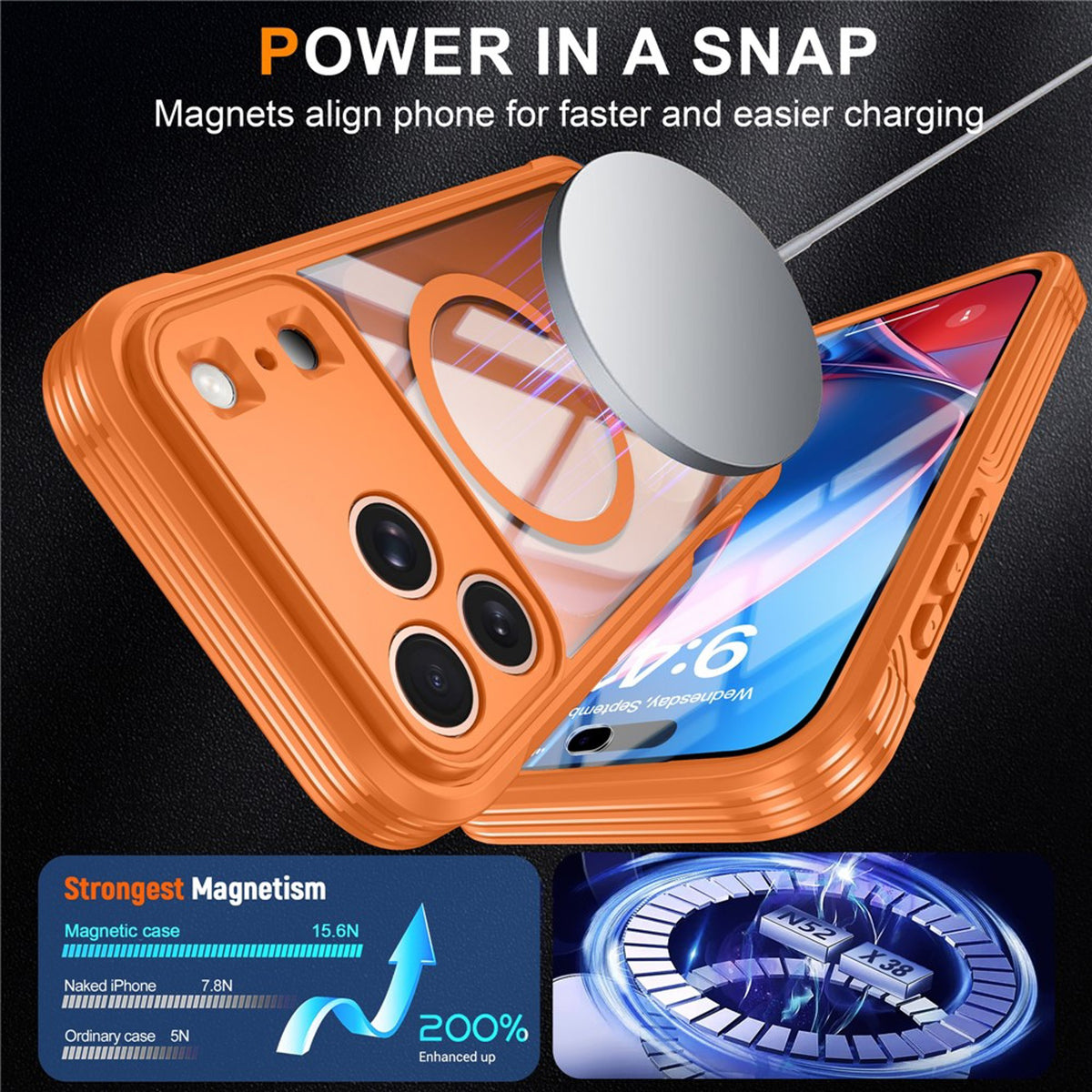 iPhone 18 Pro / 17 Pro Hybrid Plast Skal m. Inbyggt Skärmskydd - MagSafe Kompatibel - Transparent / Orange