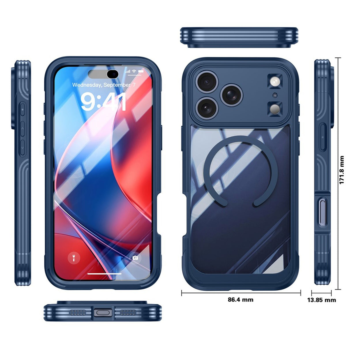 iPhone 18 Pro / 17 Pro Hybrid Plast Skal m. Inbyggt Skärmskydd - MagSafe Kompatibel - Transparent / Blå