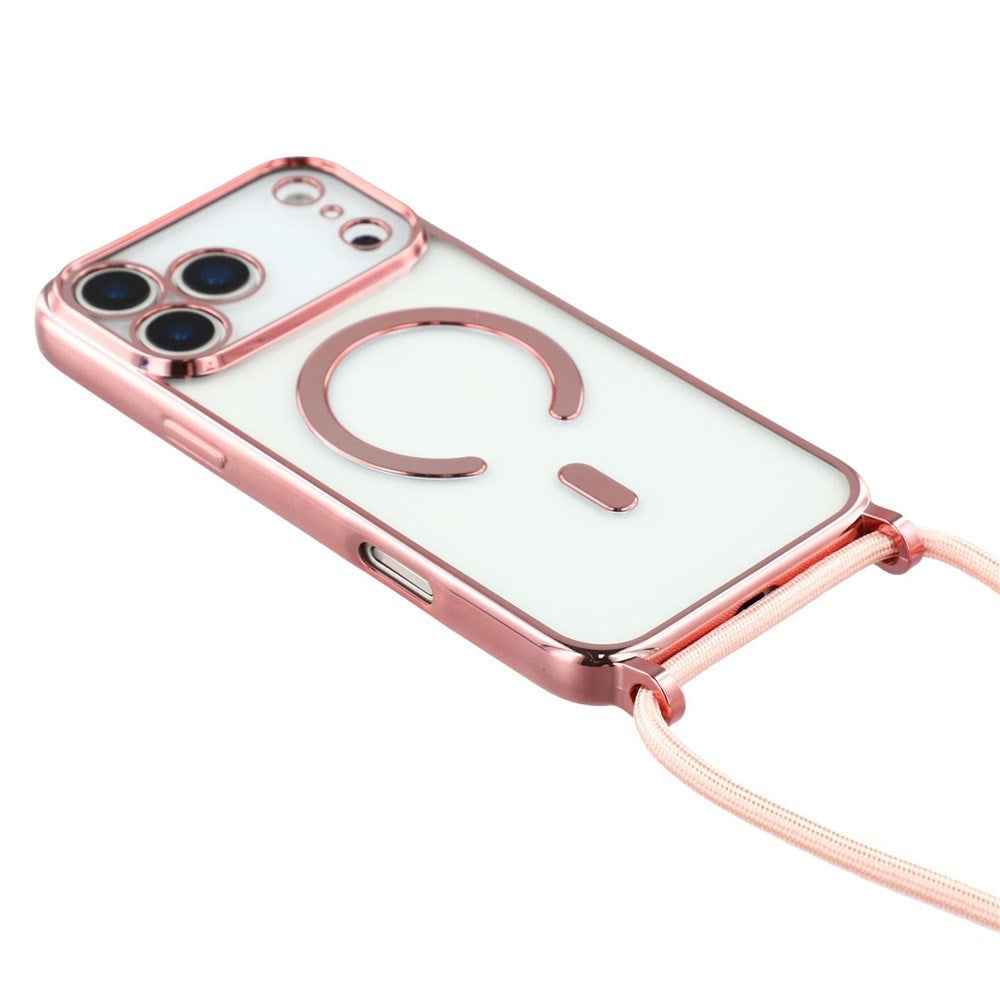 EIDERWOOD iPhone 17 Pro Flexibelt Plast Skal med Justerbar Rem - MagSafe Kompatibel - Genomskinlig / Rosa