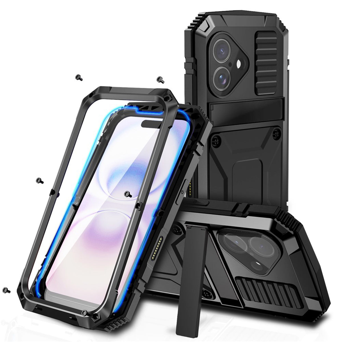 iPhone 17 R-JUST Hybrid Robust Skal m. Inbyggt Skärmskydd & Kickstand - Svart